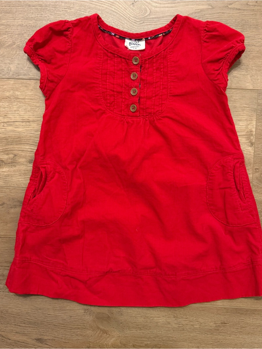 Mini Boden Girls Short-Sleeve Red Needle-Cord Tunic Dress Pleated Chest S. 3-4Y